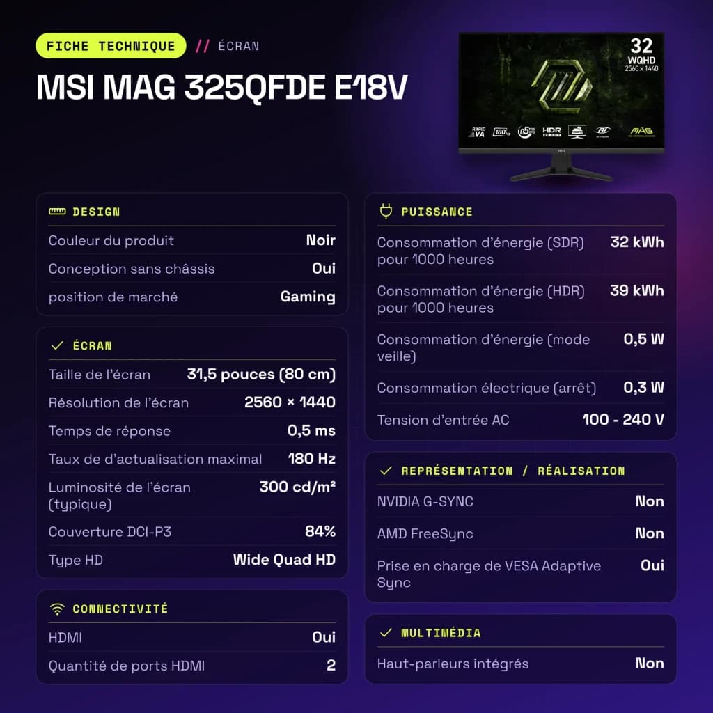 Monitor gaming MSI MAG 325QFDE E18V 31.5 pulgadas 180Hz QHD Rapid VA Negro - características, 713,9 mm