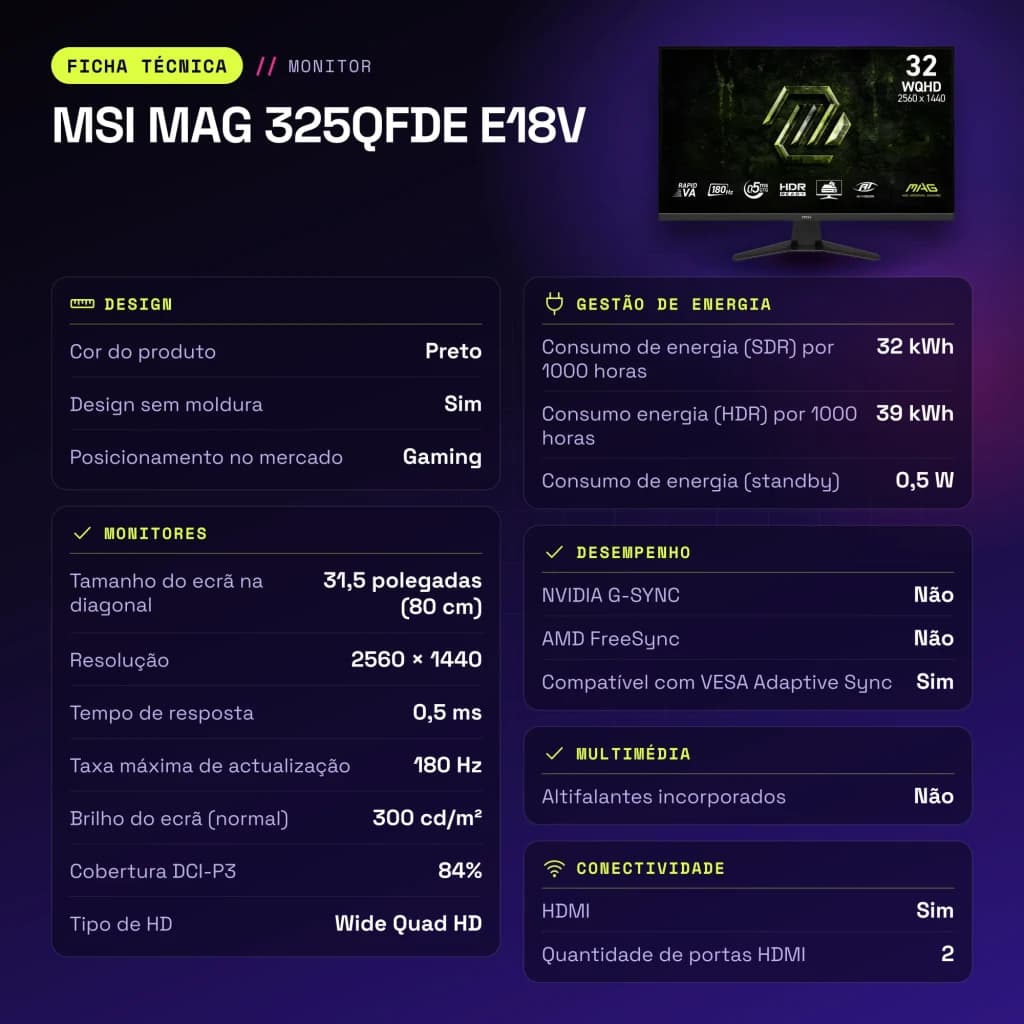 Monitor gaming MSI MAG 325QFDE E18V 31.5 pulgadas 180Hz QHD Rapid VA Negro - características, 249,7 mm