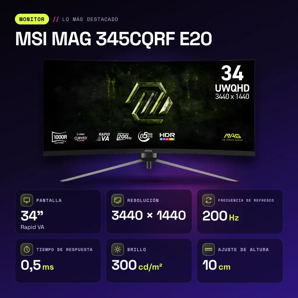 Monitor gaming MSI MAG 345CQRF E20 34 pulgadas 200Hz Curvo UWQHD Rapid VA Negro - características