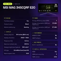 Monitor gaming MSI MAG 345CQRF E20 34 pulgadas 200Hz Curvo UWQHD Rapid VA Negro - características, 79,7 cm