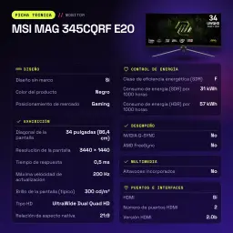 Monitor gaming MSI MAG 345CQRF E20 34 pulgadas 200Hz Curvo UWQHD Rapid VA Negro - características, 0,23175 x 0,23175 mm