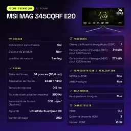 Monitor gaming MSI MAG 345CQRF E20 34 pulgadas 200Hz Curvo UWQHD Rapid VA Negro - características, 33,4 cm