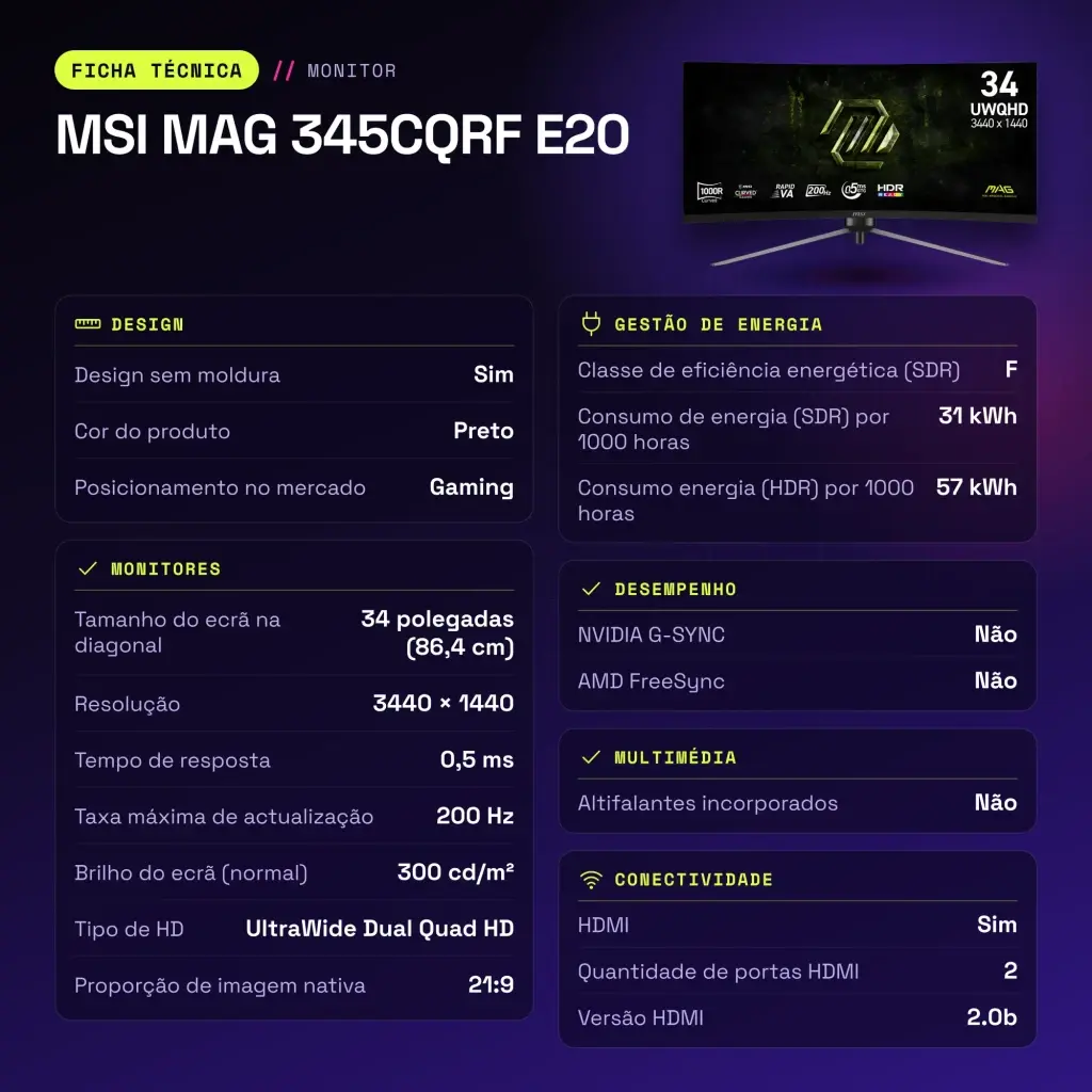 Monitor gaming MSI MAG 345CQRF E20 34 pulgadas 200Hz Curvo UWQHD Rapid VA Negro - características, 100 x 100 mm