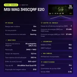 Monitor gaming MSI MAG 345CQRF E20 34 pulgadas 200Hz Curvo UWQHD Rapid VA Negro - características, 100 x 100 mm