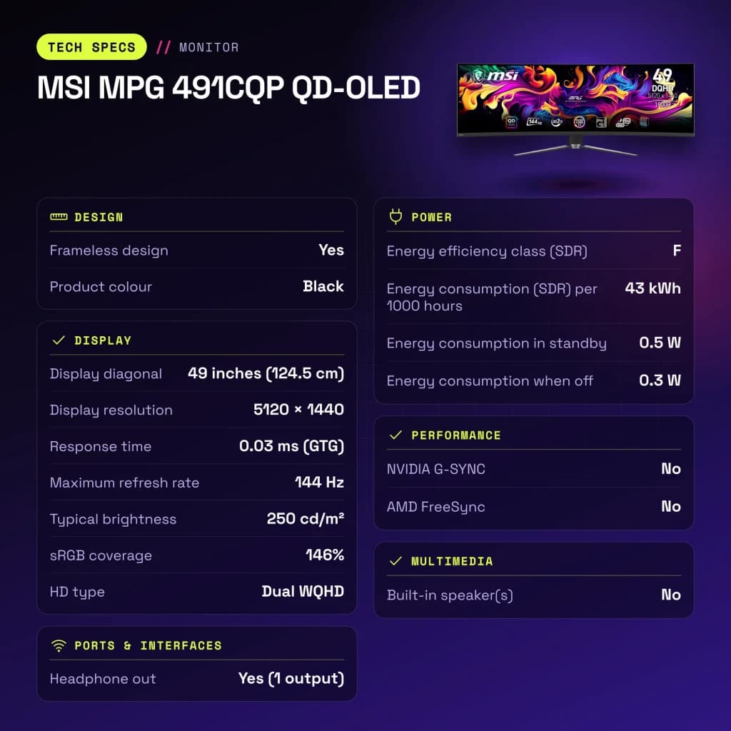 Monitor gaming MSI MPG 491CQP QD-OLED 49 pulgadas 144Hz Curvo Dual WQHD Negro - características, 1195 x 328 x 410 mm