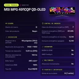 Monitor gaming MSI MPG 491CQP QD-OLED 49 pulgadas 144Hz Curvo Dual WQHD Negro - características, Sí, 100 x 100 mm