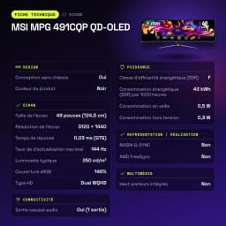 Monitor gaming MSI MPG 491CQP QD-OLED 49 pulgadas 144Hz Curvo Dual WQHD Negro - características, 1195 x 190 x 372 mm