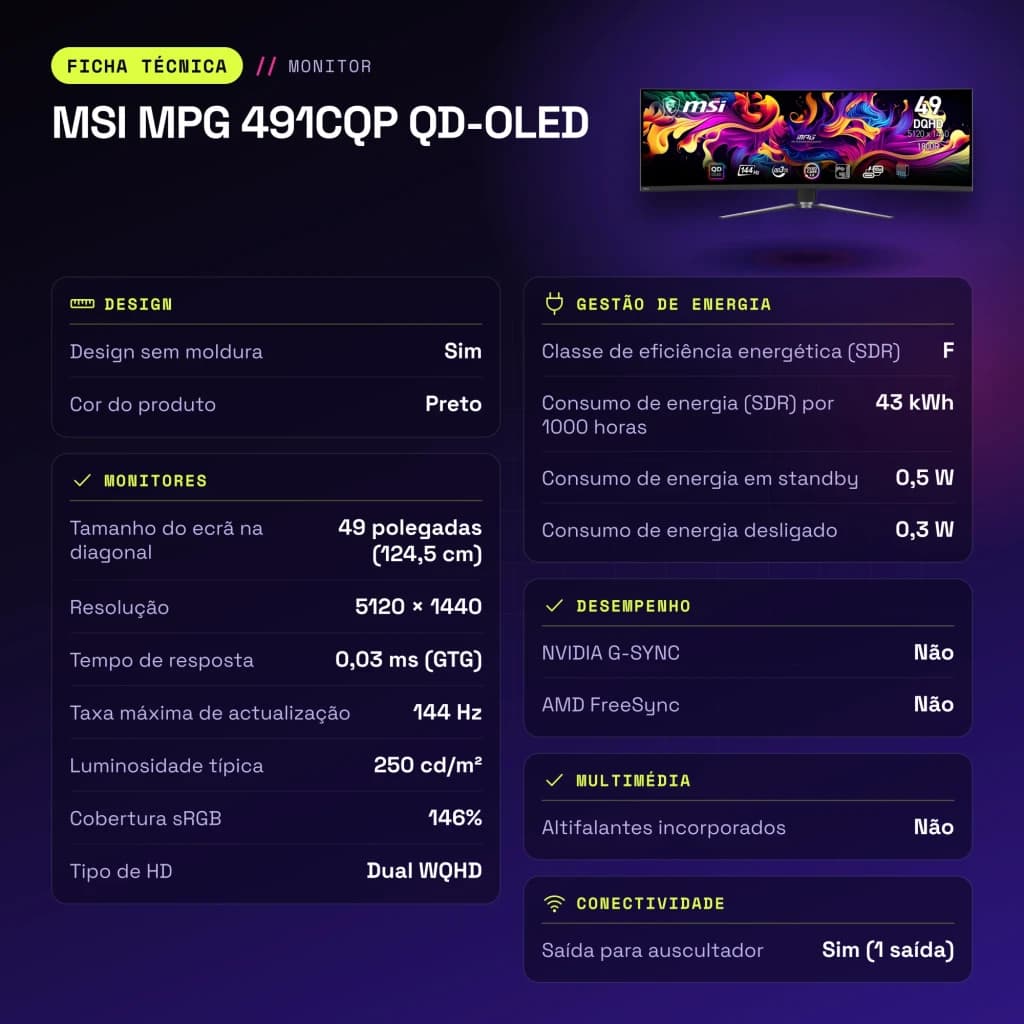 Monitor gaming MSI MPG 491CQP QD-OLED 49 pulgadas 144Hz Curvo Dual WQHD Negro - características, 10,3 kg