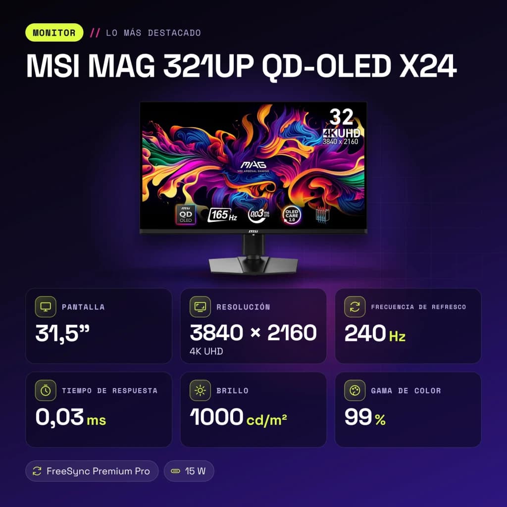 Monitor gaming MSI MAG 321UP QD-OLED X24 31,5 pulgadas 240Hz 4K Negro - características