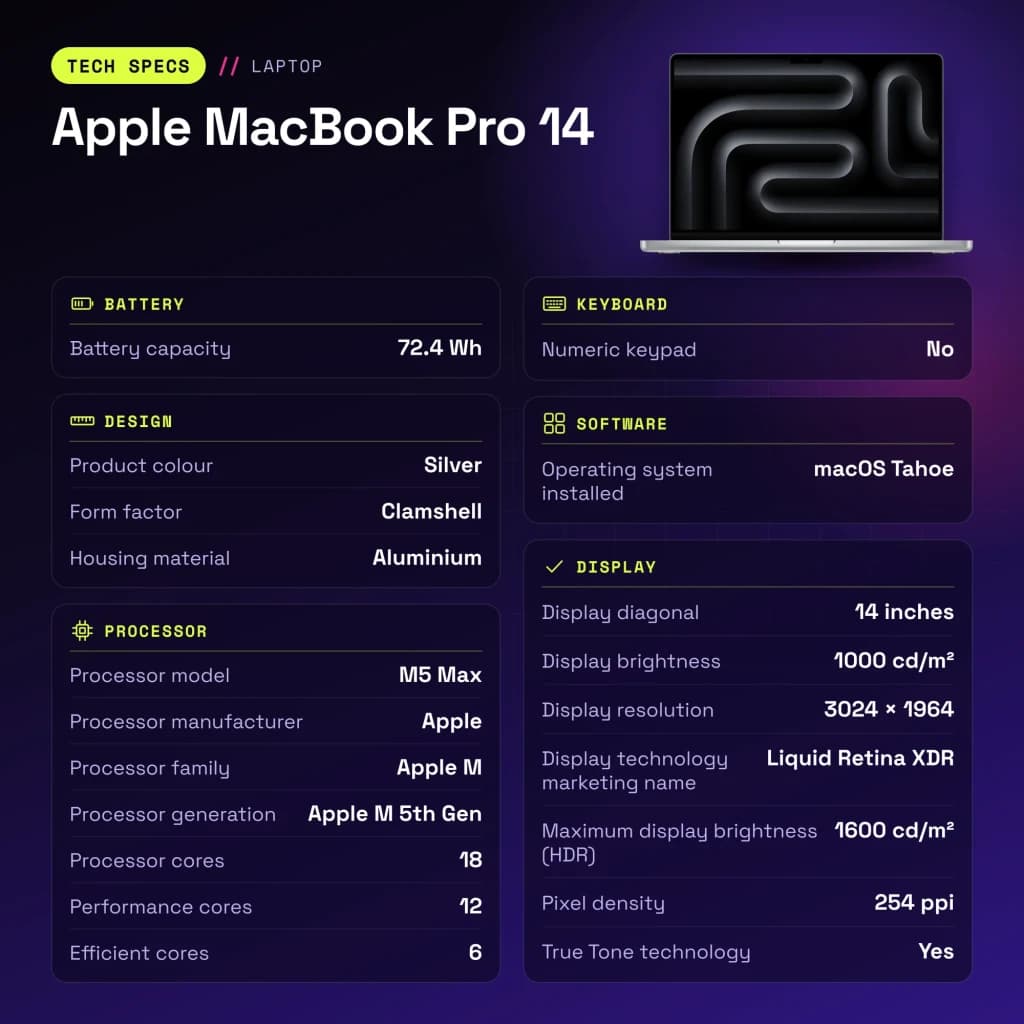 Ordinateur portable Apple MacBook Pro 14 36Go/2To 14,2 pouces Liquid Retina XDR SSD macOS Tahoe Argent - 460 GB/s