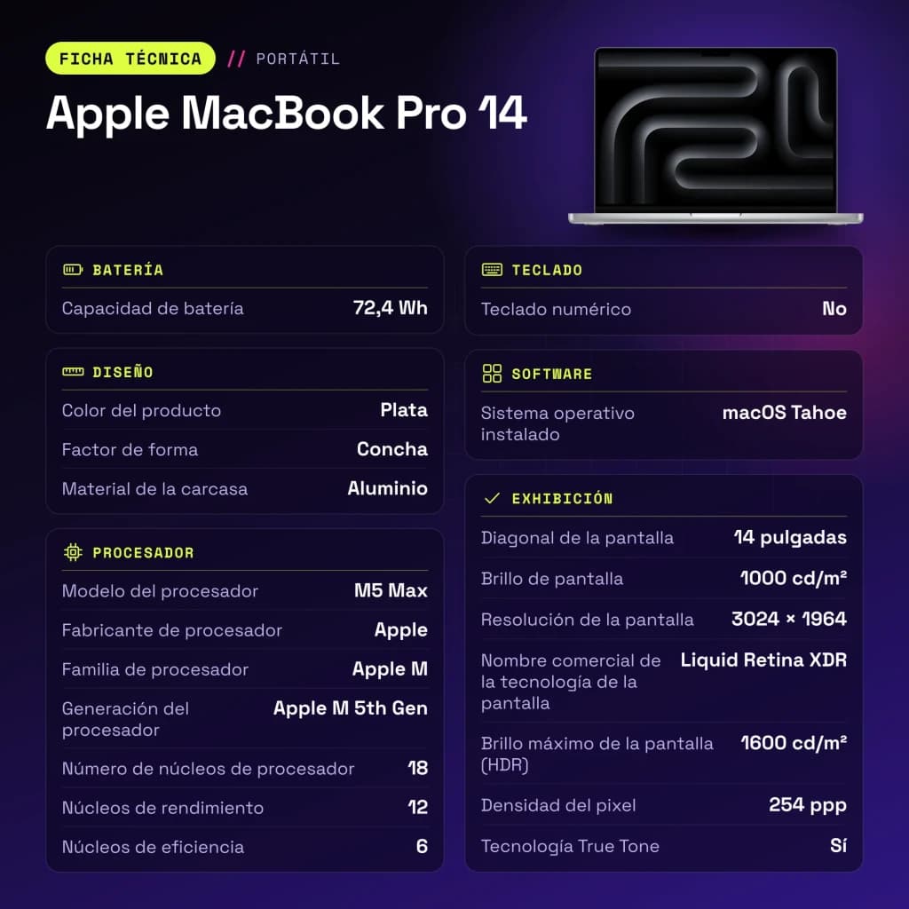 Ordinateur portable Apple MacBook Pro 14 36Go/2To 14,2 pouces Liquid Retina XDR SSD macOS Tahoe Argent - 2 TB