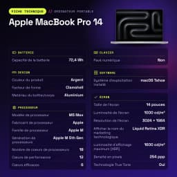 Ordinateur portable Apple MacBook Pro 14 36Go/2To 14,2 pouces Liquid Retina XDR SSD macOS Tahoe Argent - WiFi 7.0