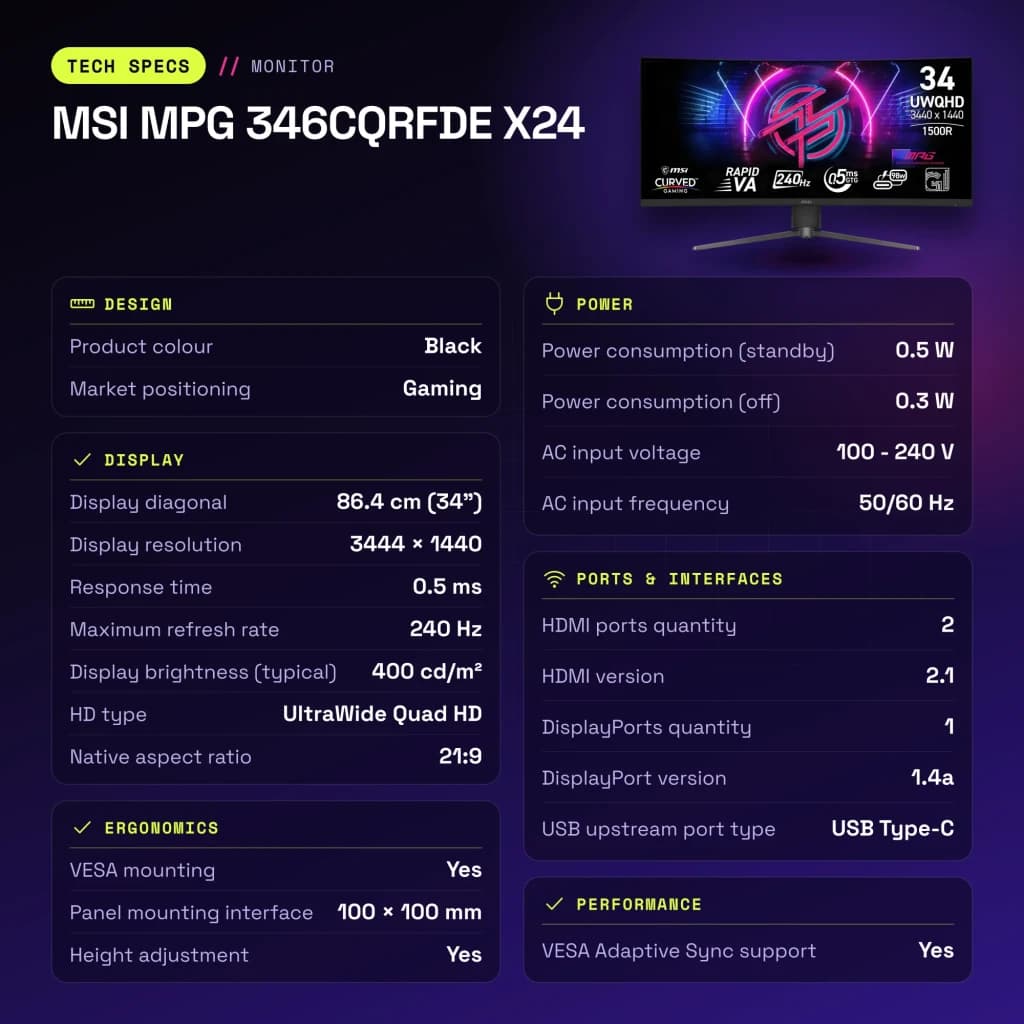 Monitor gaming MSI MPG 346CQRFDE X24 34 pulgadas 240Hz Curvo UltraWide QHD Rapid VA Negro - características, 240 Hz