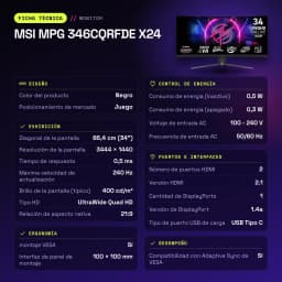 Monitor gaming MSI MPG 346CQRFDE X24 34 pulgadas 240Hz Curvo UltraWide QHD Rapid VA Negro - características, 1 ms