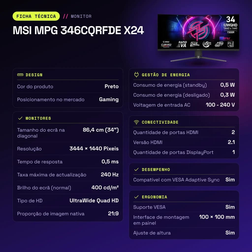 Monitor gaming MSI MPG 346CQRFDE X24 34 pulgadas 240Hz Curvo UltraWide QHD Rapid VA Negro - 0,23175 x 0,23175 mm