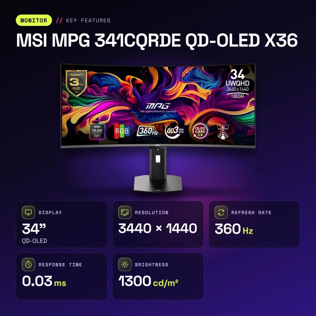 Monitor MSI MPG 341CQRDE QD-OLED X36 34 pulgadas 360Hz Curvo UltraWide Quad HD Negro - características, 0,03 ms