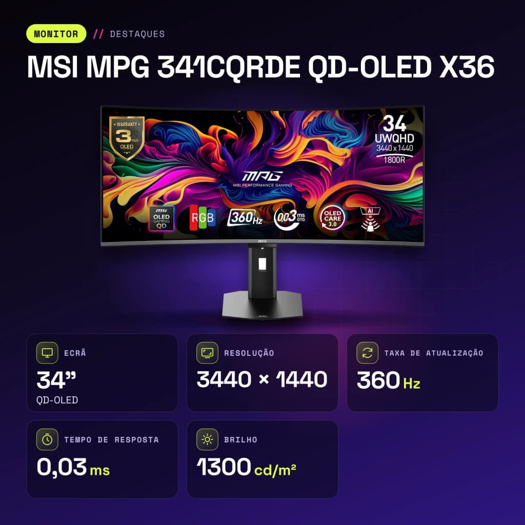 Monitor MSI MPG 341CQRDE QD-OLED X36 34 pulgadas 360Hz Curvo UltraWide Quad HD Negro - características, 1300 cd / m²