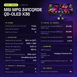 Monitor MSI MPG 341CQRDE QD-OLED X36 34 pulgadas 360Hz Curvo UltraWide Quad HD Negro - características, 300 cd / m²