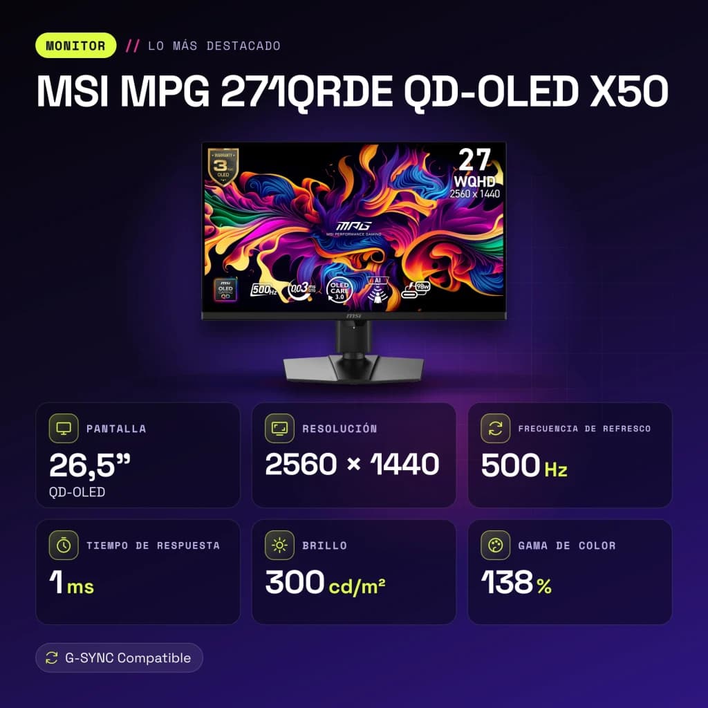 Monitor gaming MSI MPG 271QRDE QD-OLED X50 26,5 pulgadas 500Hz QHD OLED Negro - características