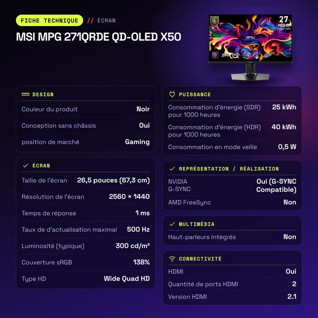 Monitor gaming MSI MPG 271QRDE QD-OLED X50 26,5 pulgadas 500Hz QHD OLED Negro - características, Sí, 100 x 100 mm