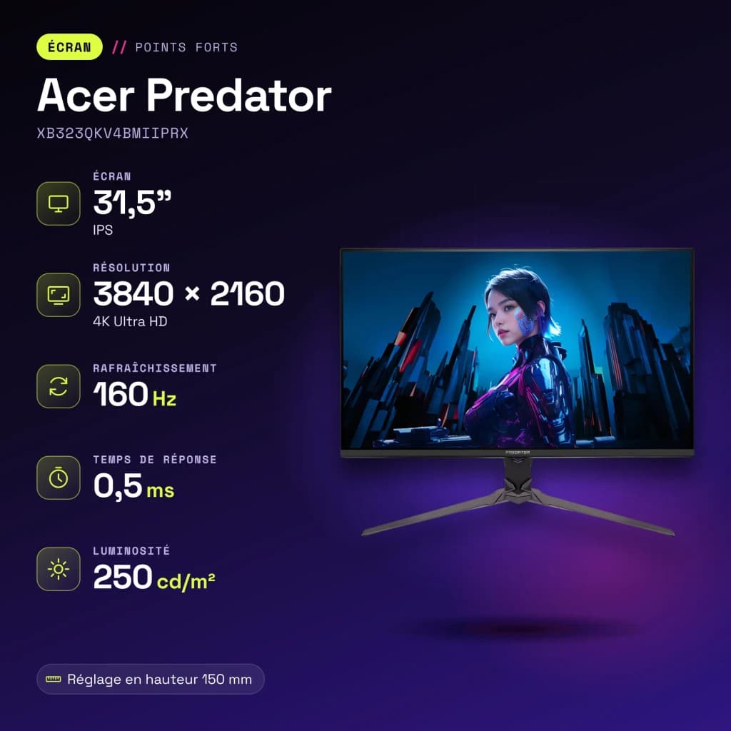 Monitor gaming Acer Predator 31,5 polegadas 160Hz 4K IPS 0,5 ms Preto XB323QKV4BMIIPRX - características, 250 cd/m²