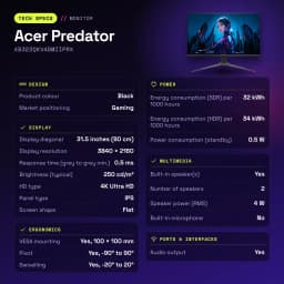Monitor gaming Acer Predator 31,5 polegadas 160Hz 4K IPS 0,5 ms Preto XB323QKV4BMIIPRX - características, 1 x DisplayPort 1.4