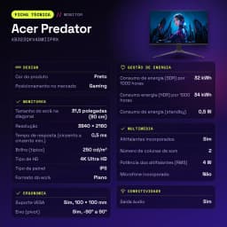 Monitor gaming Acer Predator 31,5 polegadas 160Hz 4K IPS 0,5 ms Preto XB323QKV4BMIIPRX - características, 715,7 mm