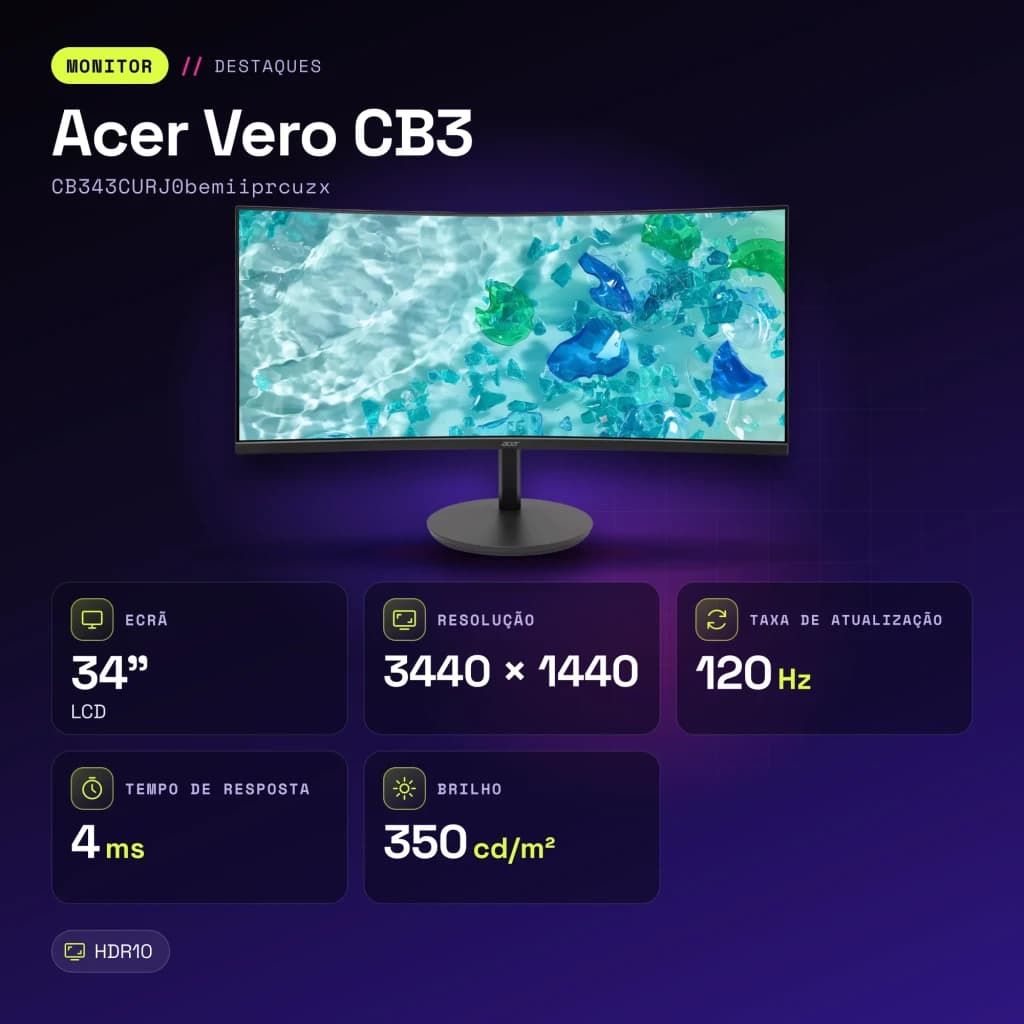 Monitor Acer Vero CB3 34 polegadas Curvo WQHD VA 120Hz Preto CB343CURJ0bemiiprcuzx - características, 120 Hz