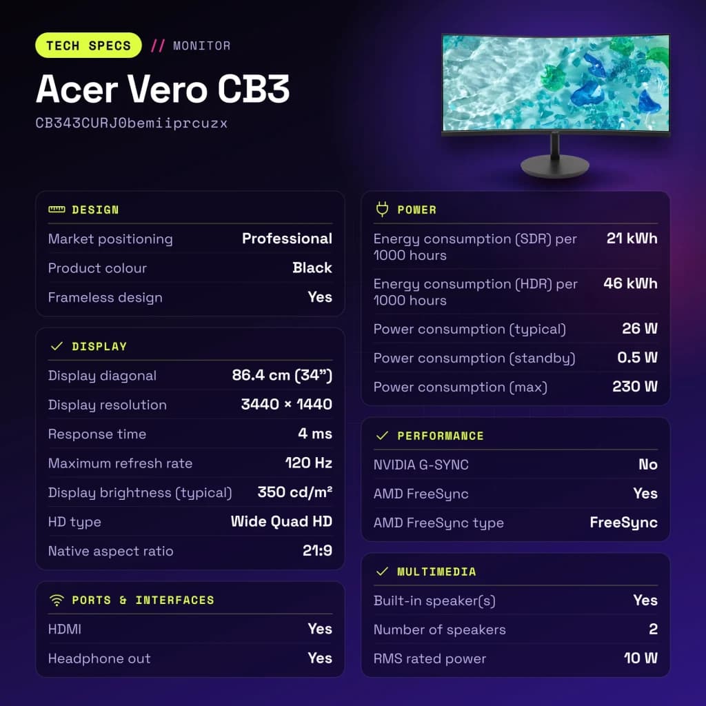 Monitor Acer Vero CB3 34 polegadas Curvo WQHD VA 120Hz Preto CB343CURJ0bemiiprcuzx - características, 1 ms