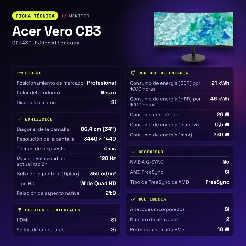 Monitor Acer Vero CB3 34 polegadas Curvo WQHD VA 120Hz Preto CB343CURJ0bemiiprcuzx - características, 350 cd / m²