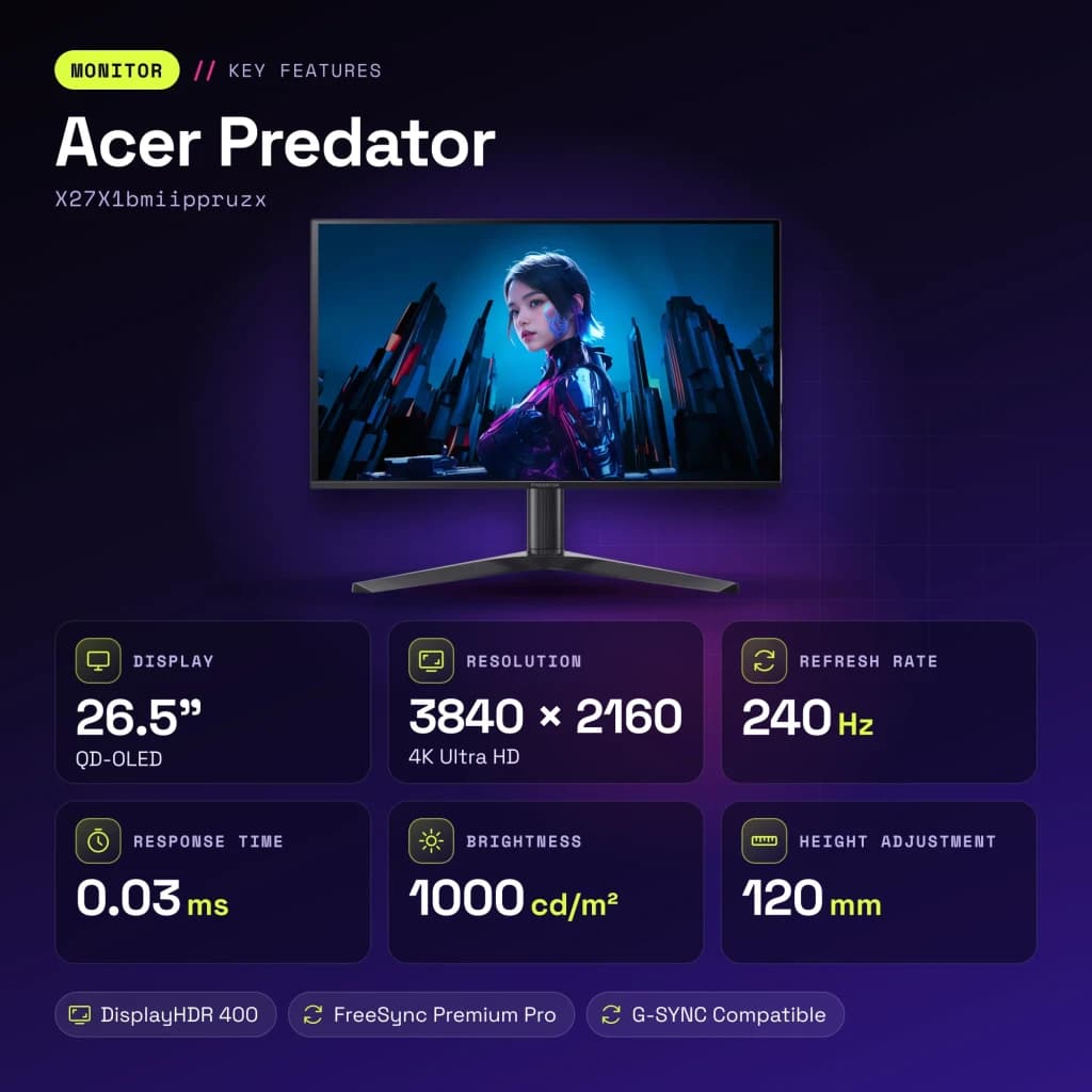 Monitor gaming Acer Predator 26.5 polegadas QD-OLED 240Hz 4K OLED Preto X27X1bmiippruzx - características, 26,5" (67,3 cm)