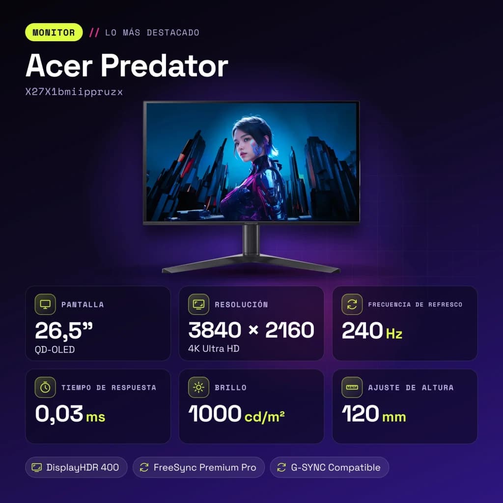 Monitor gaming Acer Predator 26.5 polegadas QD-OLED 240Hz 4K OLED Preto X27X1bmiippruzx - características