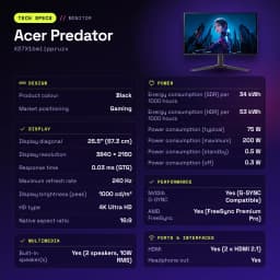 Monitor gaming Acer Predator 26.5 polegadas QD-OLED 240Hz 4K OLED Preto X27X1bmiippruzx - características, 0,153 x 0,153 mm