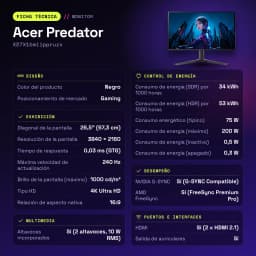 Monitor gaming Acer Predator 26.5 polegadas QD-OLED 240Hz 4K OLED Preto X27X1bmiippruzx - características, 250 cd/m²