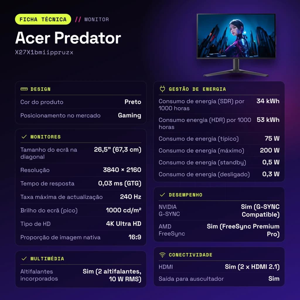 Monitor gaming Acer Predator 26.5 polegadas QD-OLED 240Hz 4K OLED Preto X27X1bmiippruzx - 2 x DisplayPort 1.4
