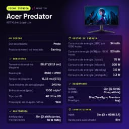 Monitor gaming Acer Predator 26.5 polegadas QD-OLED 240Hz 4K OLED Preto X27X1bmiippruzx - 2 x DisplayPort 1.4