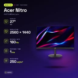 Monitor gaming Acer Nitro 27 polegadas 180Hz QHD IPS Preto XV271UM3bmiiprx - características, 250 cd/m²