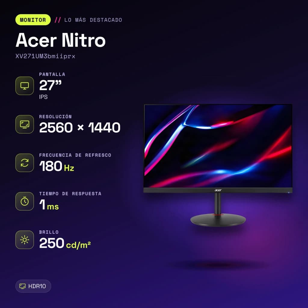 Monitor gaming Acer Nitro 27 polegadas 180Hz QHD IPS Preto XV271UM3bmiiprx - características