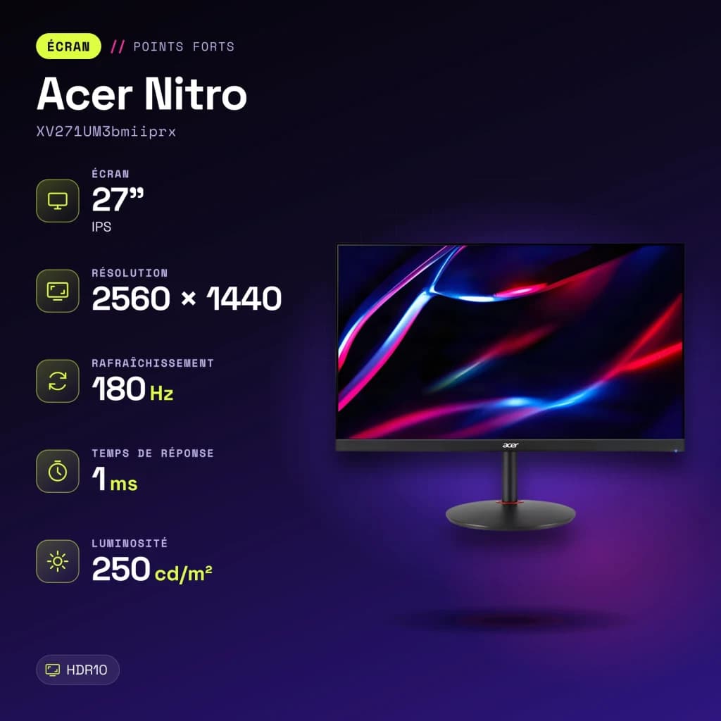 Monitor gaming Acer Nitro 27 polegadas 180Hz QHD IPS Preto XV271UM3bmiiprx - características, 0,23 x 0,23 mm