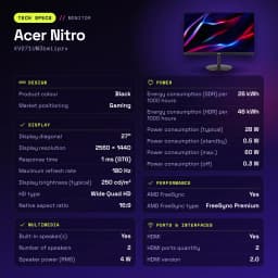 Monitor gaming Acer Nitro 27 polegadas 180Hz QHD IPS Preto XV271UM3bmiiprx - características, 100 x 100 mm