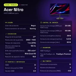 Monitor gaming Acer Nitro 27 polegadas 180Hz QHD IPS Preto XV271UM3bmiiprx - características, 33,6 cm