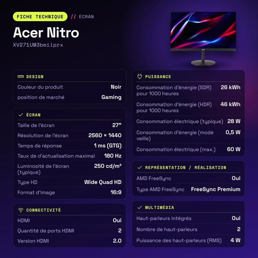 Monitor gaming Acer Nitro 27 polegadas 180Hz QHD IPS Preto XV271UM3bmiiprx - características, 12 cm