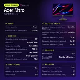 Monitor gaming Acer Nitro 27 polegadas 180Hz QHD IPS Preto XV271UM3bmiiprx - características, 614 mm