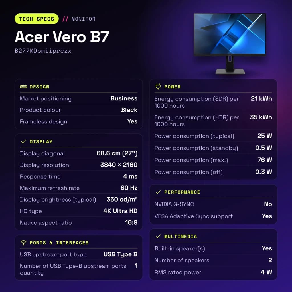 Monitor Acer Vero B7 27 polegadas 4K IPS 60Hz 4 ms Preto B277KDbmiiprczx - características, 100 x 100 mm