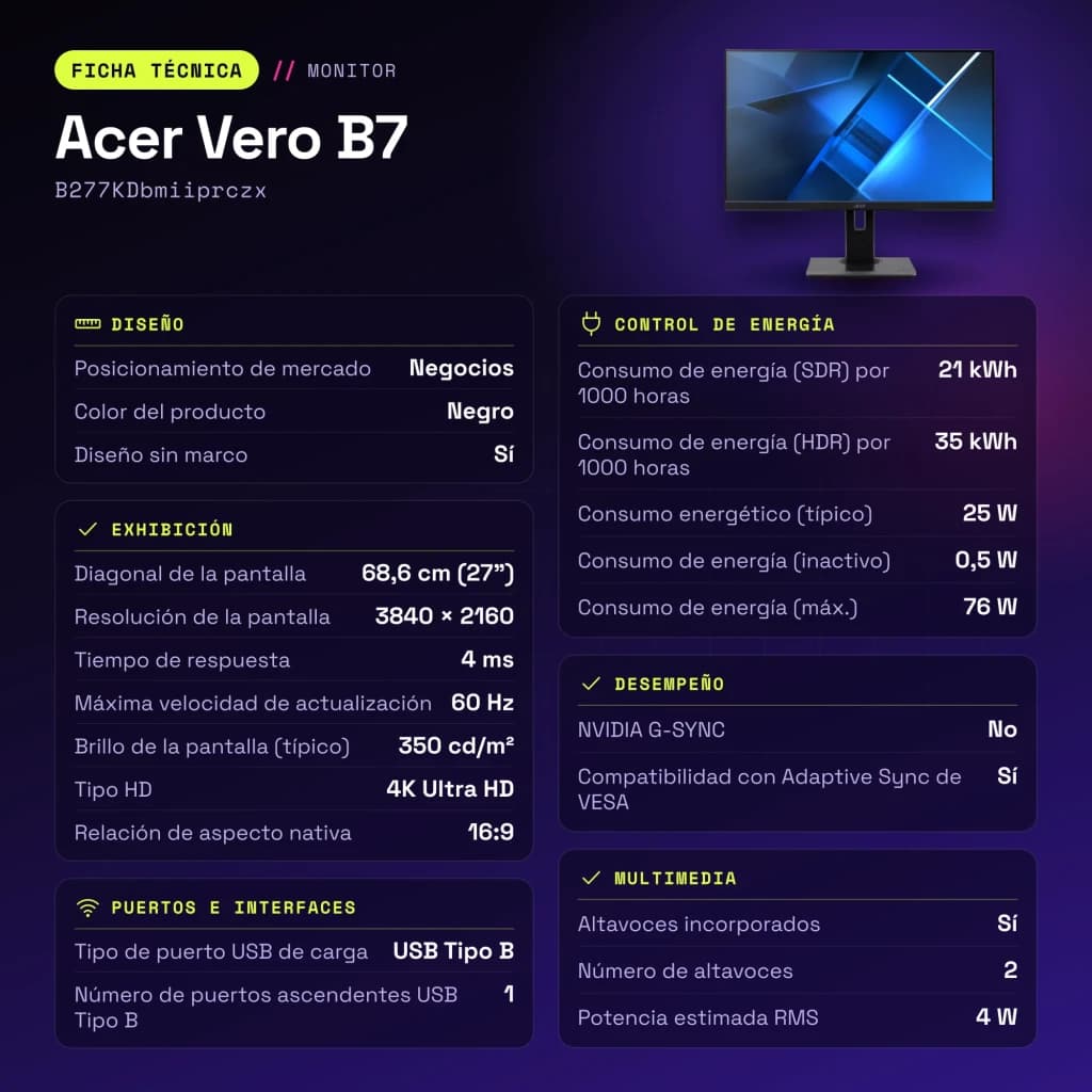 Monitor Acer Vero B7 27 polegadas 4K IPS 60Hz 4 ms Preto B277KDbmiiprczx - características, 5 MP