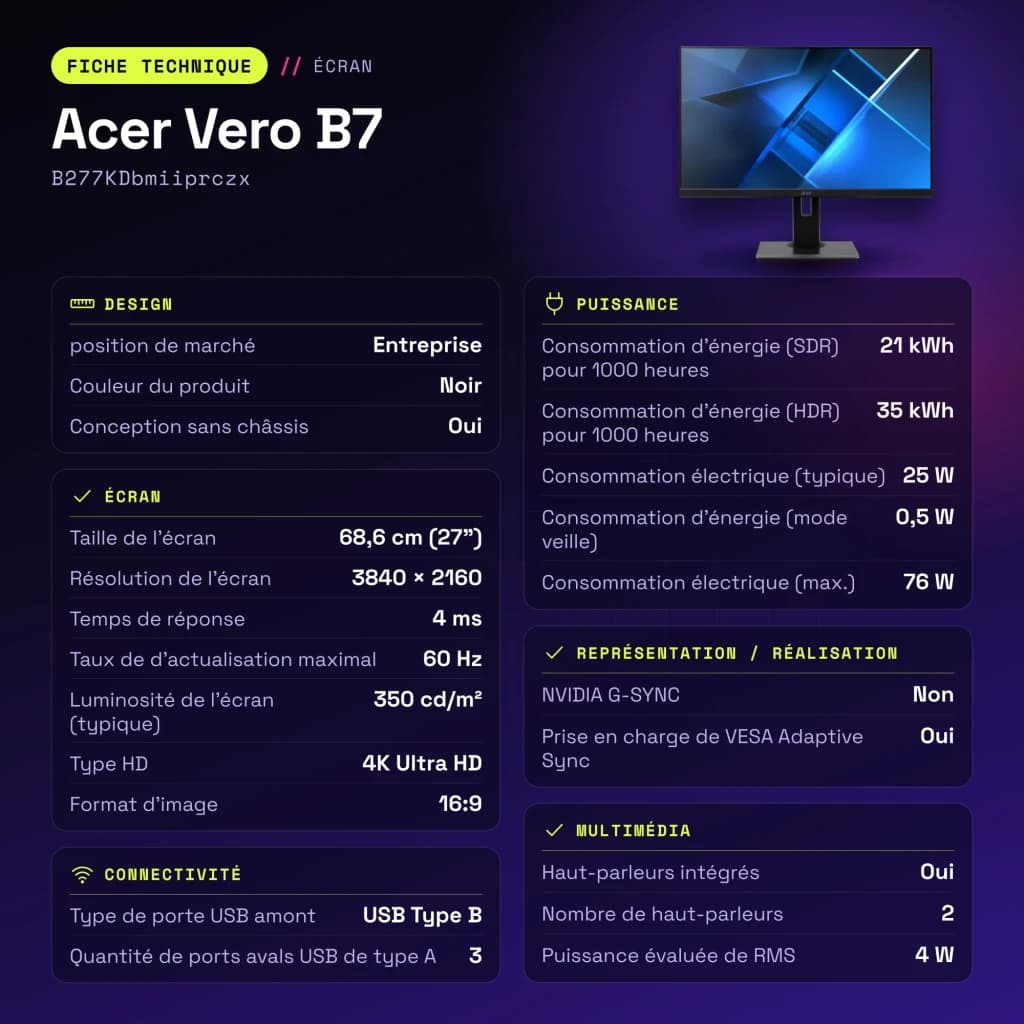 Monitor Acer Vero B7 27 polegadas 4K IPS 60Hz 4 ms Preto B277KDbmiiprczx - características, 15 cm