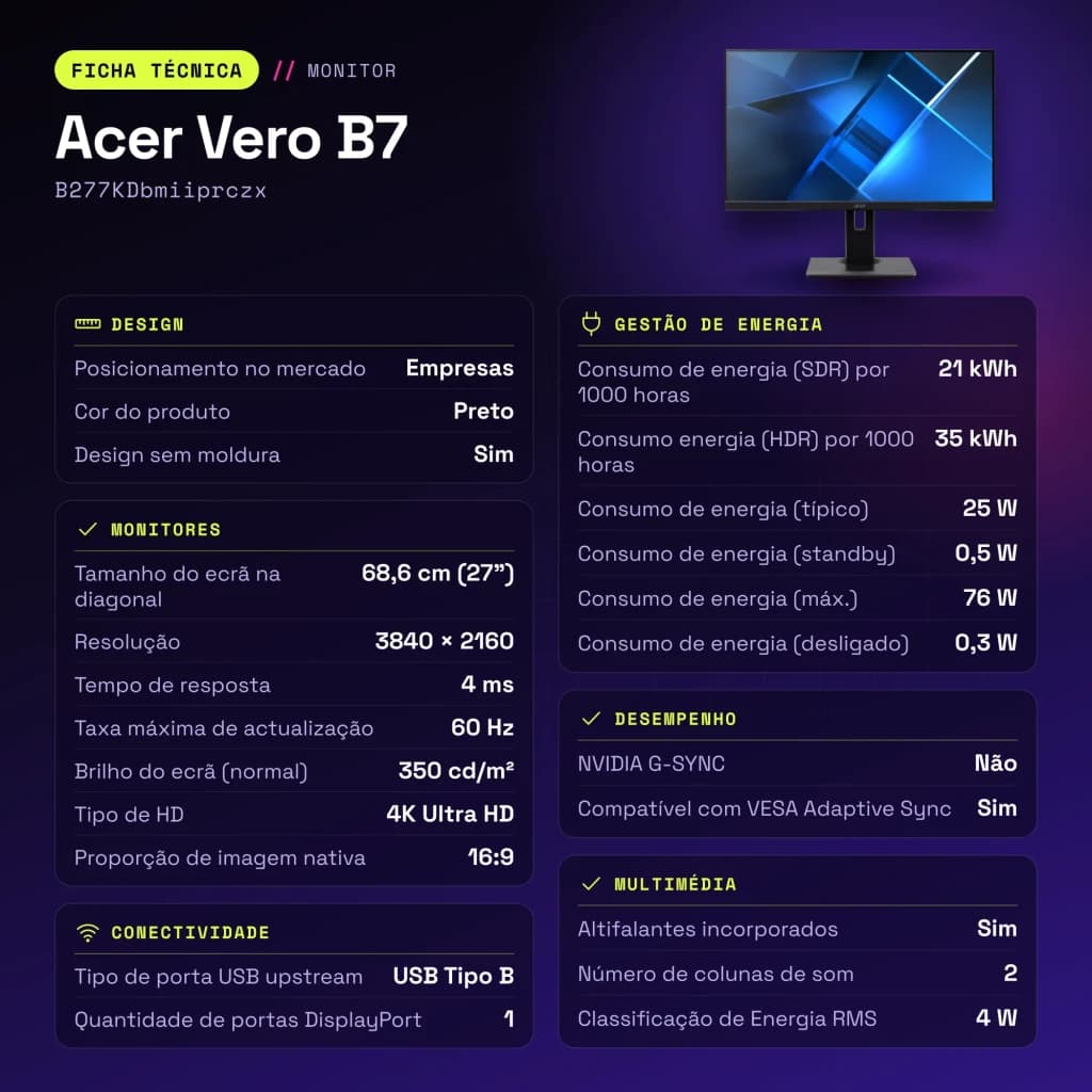 Monitor Acer Vero B7 27 polegadas 4K IPS 60Hz 4 ms Preto B277KDbmiiprczx - características, 614 mm