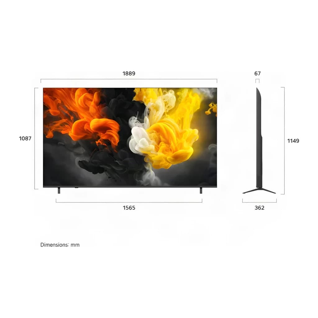 TV LG 85 pulgadas Mini LED 144Hz 4K Negro 85QNED83B6A - vista frontal y lateral con medidas en mm