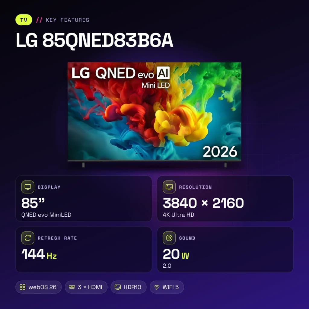 TV LG 85 pulgadas Mini LED 144Hz 4K Negro 85QNED83B6A - características, 1 x RJ-45