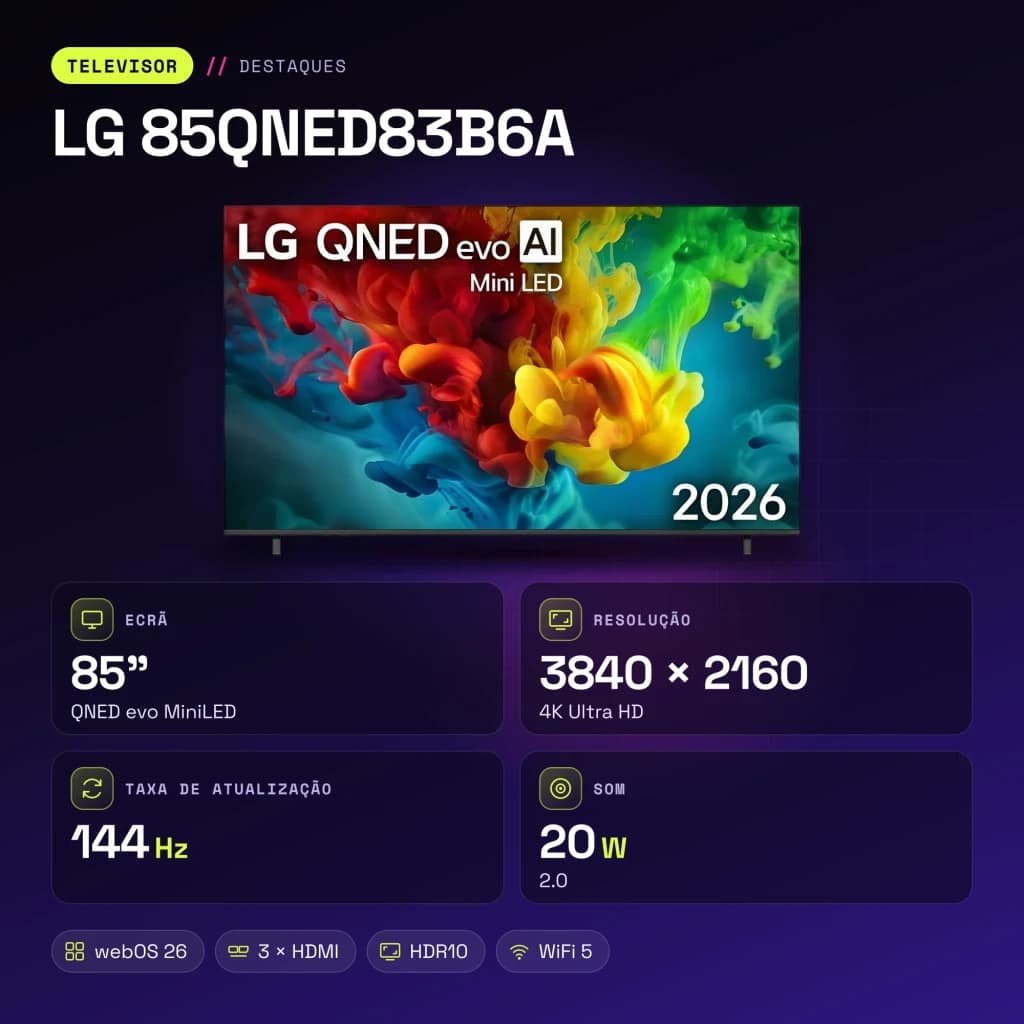 TV LG 85 pulgadas Mini LED 144Hz 4K Negro 85QNED83B6A - características, WiFi 5.0